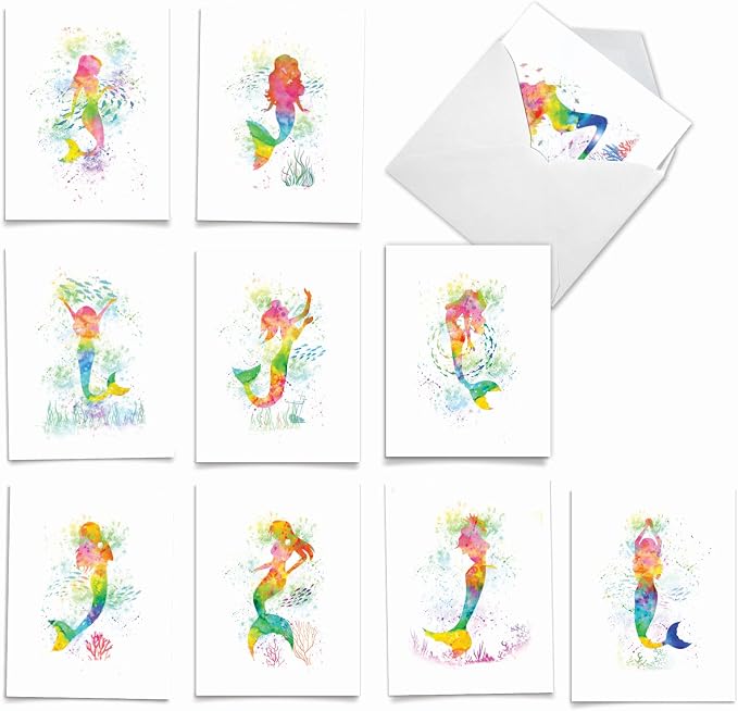 The Best Card Company Assorted Watercolor Blank Greeting Card Box Set - Incl. 10 Notecards + Envelopes, 10 Unique Designs for Thank You, Invitations, More - Funky Rainbow Mermaids AM6863OCB-B1x10