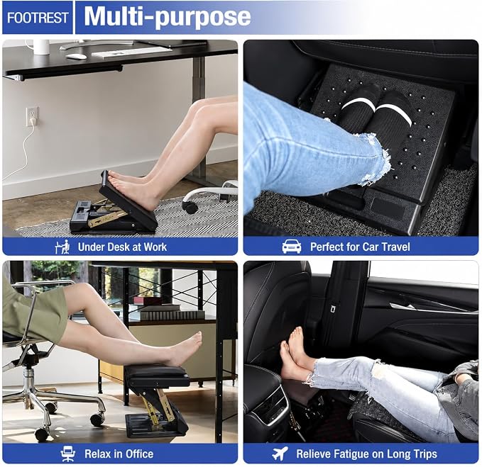 Under Desk Footrest, 4-Level Height Adjustable 12Modes Foldable Footrest | Soft Removable Cushion Adds Comfort,Ergonomic Support,Massage Beads,for Office,Gaming & Home Desks,Max-Load 120Lbs,Brown