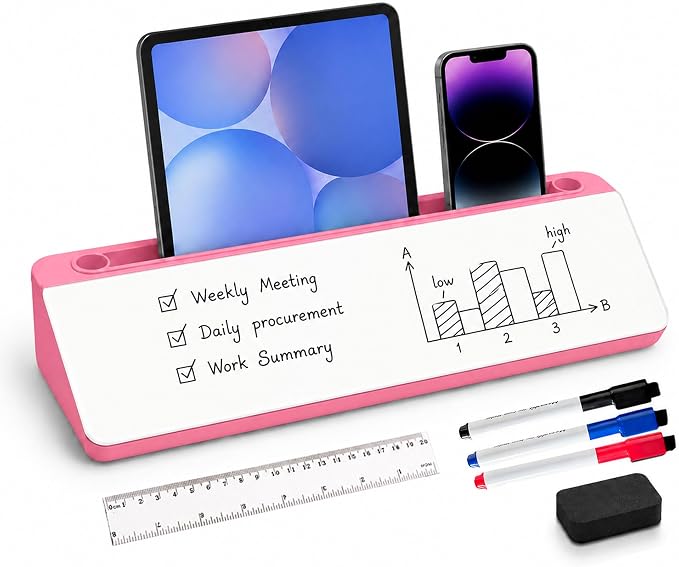 Desktop Whiteboard, Glass Dry Erase Board, Desk Board Buddy,Computer Keyboard Stand,Desk Whiteboard Organizer for Home,Office,School Supplies (Pink)