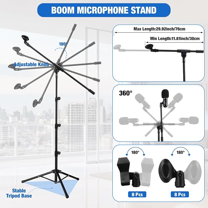 Relaxweex 8 Pcs 4 Pcs Tripod Microphone Stand Boom Arm Floor Mic Stand with Carrying Bag and Mic Clips for Singing Stage Wedding Karaoke Church (Classic Style)