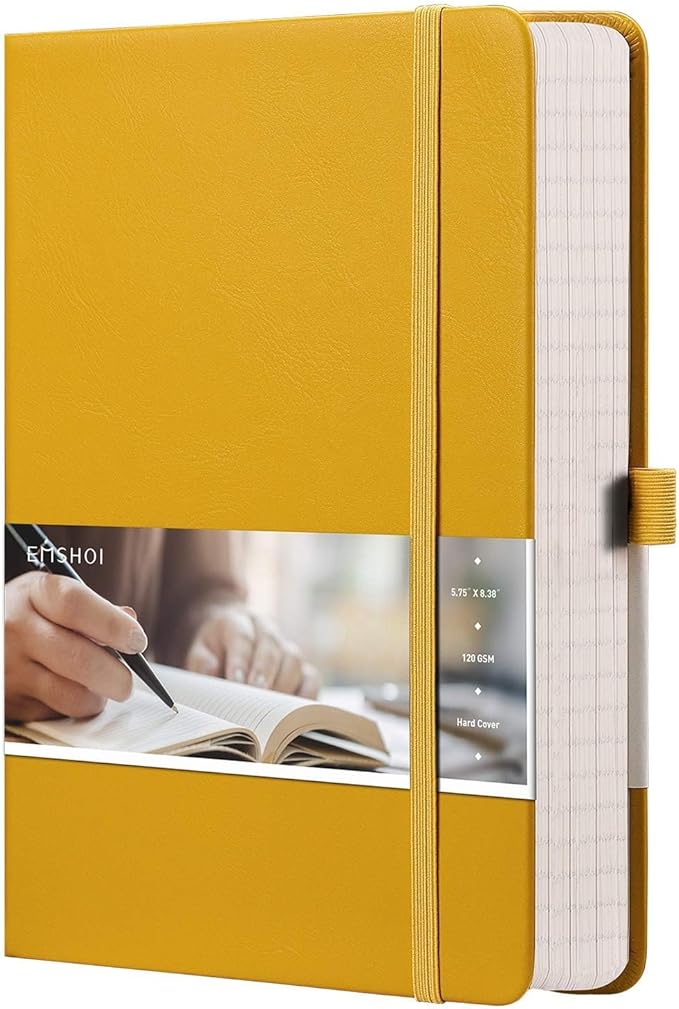 EMSHOI A5 College Ruled Notebook, 256 Numbered Pages 120GSM Ink-Proof Faux Leather Hardcover Lay-Flat Lined Journal for Work Office School Travel Writing, Small 5.75" x 8.38", Yellow