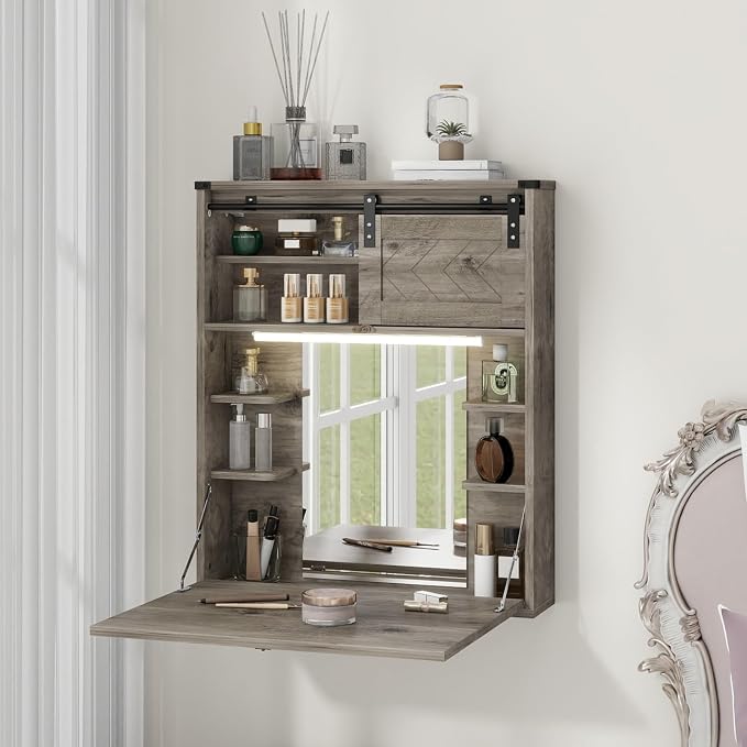 ARTETHYS Floating Vanity Desk with Mirror and Lights Small Wall Mounted Makeup Set with Storage Gray Farmhouse Dressing Table for Tiny Space