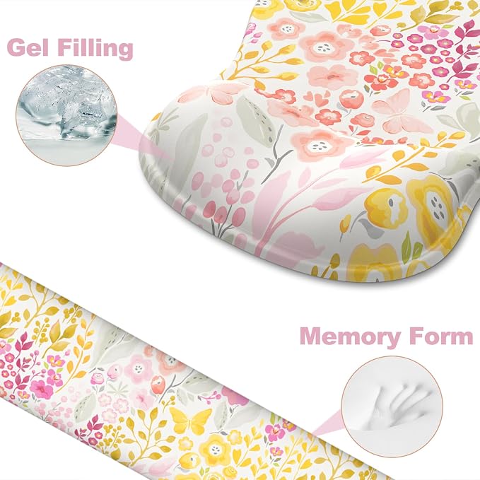 Ergonomic Mouse Pad with Wrist Rest and Keyboard Wrist Rest, Gel Mousepad and Wrist Rest for Computer Keyboard, Pain Relief, Non-Slip PU Base, Mouse Pad Wrist Support for Gaming, Pink Yellow Flowers