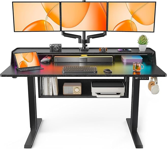 ErGear Electric Standing Desk, 55x28 Inch Adjustable Sit Stand Desk with Bookshelf & Monitor Stand, Standing Gaming Desk with LED Light Strip, Stand Up Desk for Home Office, Black | Raised Monitor Stand, 27.9–46.9 Inch Height Range, 4 Memory Presets, 1...