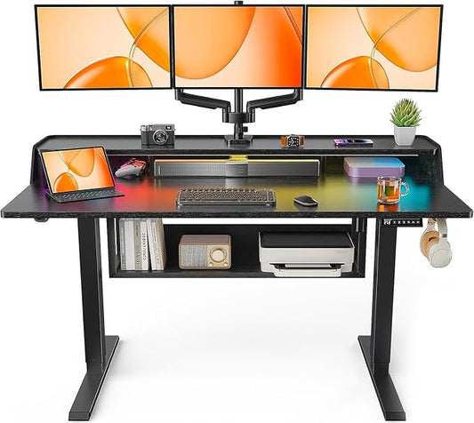 ErGear Electric Standing Desk, 55x28 Inch Adjustable Sit Stand Desk with Bookshelf & Monitor Stand, Standing Gaming Desk with LED Light Strip, Stand Up Desk for Home Office, Black | Raised Monitor Stand, 27.9–46.9 Inch Height Range, 4 Memory Presets, 1...