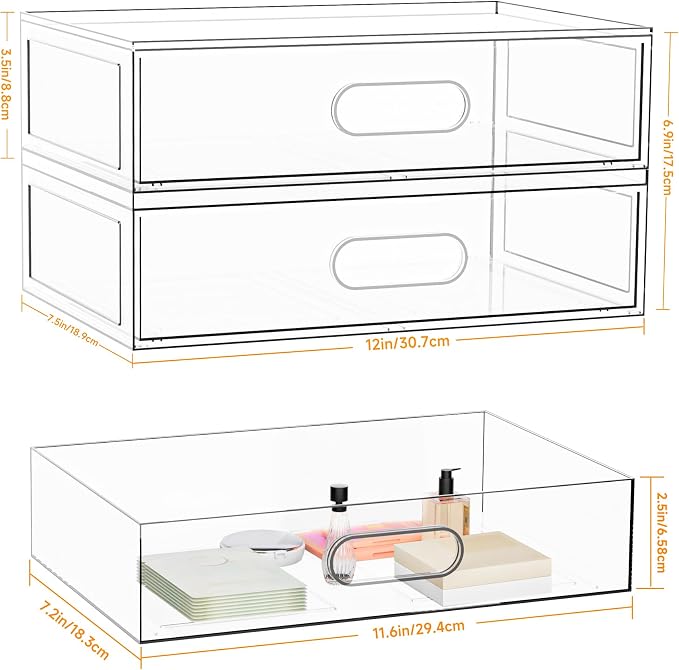 Clear Stackable Makeup Organizer with Drawer, 12''W Acrylic Storage Drawers | Cosmetic Display Case for Vanity Bathroom Countertop Drawers, Beauty Holder for Lipstick Brush Skincare Perfume