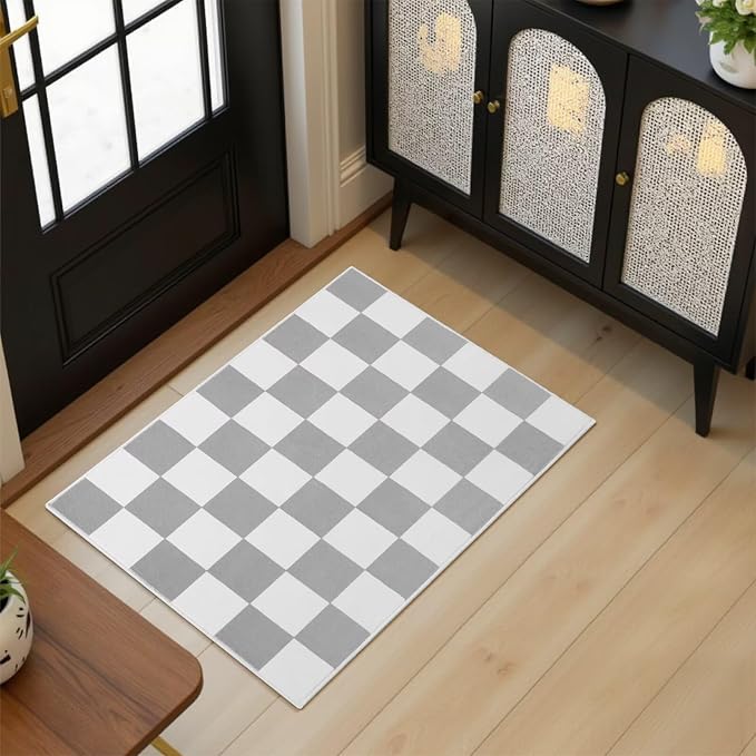 Terrug Grey and White Checkered Rug for Entryway,2x3 Small Area Rugs Washable with Non Slip for Kitchen,Soft Low Pile Retro Carpet for Bedroom Front Door Porch
