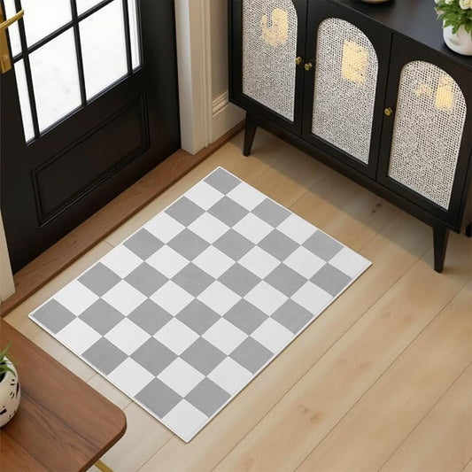 Terrug Grey and White Checkered Rug for Entryway,2x3 Small Area Rugs Washable with Non Slip for Kitchen,Soft Low Pile Retro Carpet for Bedroom Front Door Porch