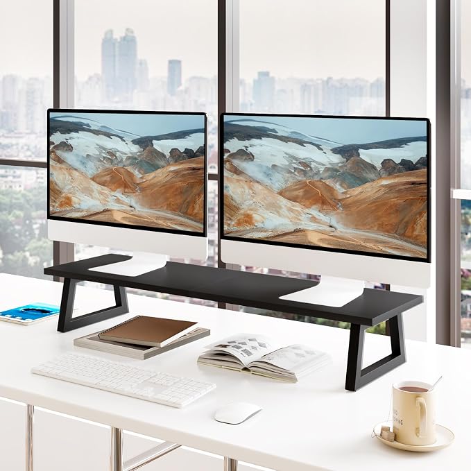 TEAMIX 31.5 inch Dual Monitor Stand Riser, TV Riser, Black Desk Organizer | For 2 Monitors/Laptop/Printer, Long Computer Stand, Wood & Steel, Holds 150 lbs, PS5/Keyboard Storage, For Home Office Gaming