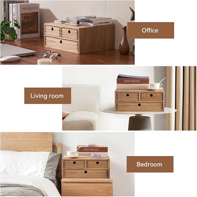 KIRIGEN Wood Desk Organizer with 3 Drawers, Desktop Storage Brown 23-DBR | Wooden Desktop Drawer Hold A4 Papers, Stationery, Jewelry, and Makeup, Fully Assembled for Home Office