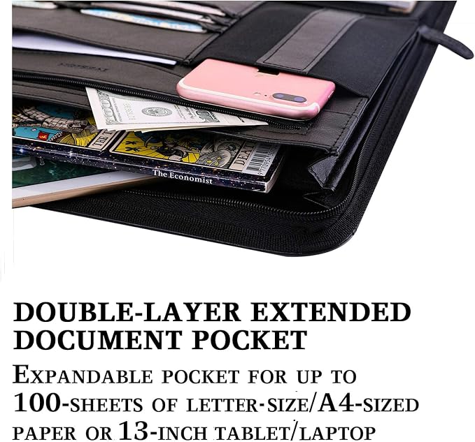 Zippered Padfolio for Women & Men Resume Portfolio Folder Vegan Leather Salesman Business Organizer Planner,with Writing Pad Interior 10.1 Inch Tablet Sleeve Black