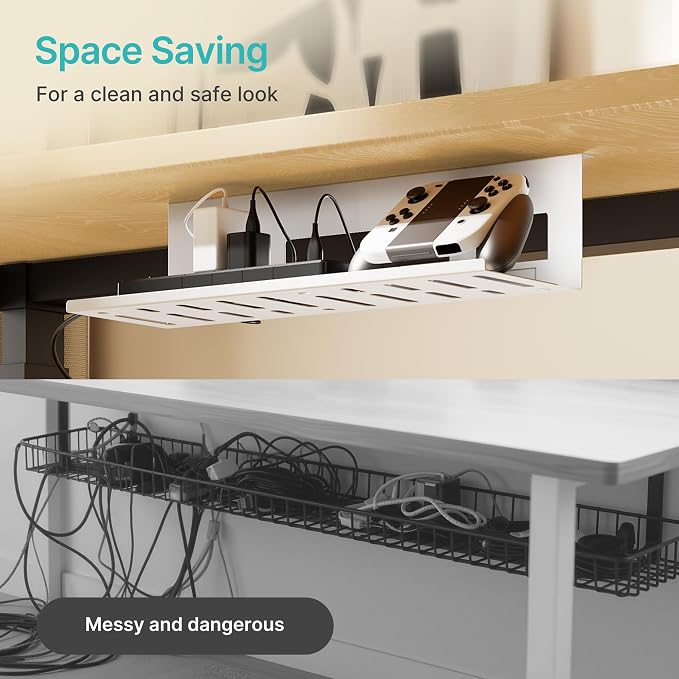 Under Desk Cable Management Tray, 15.7'' Screw-Mount Steel Rack | Metal Cord Organizer for Power Strips, Chargers, Reversible Installation, Effortless Wire Management for Home Office, White