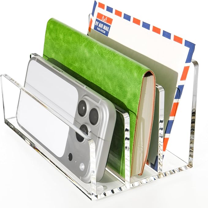 Clear Acrylic 3 Compartment Mail & Letter Organizer for Desk | 5mm thick, 3 compartments organize mail, bills, letters & files. Crystal clear acrylic, non-slip pads. No assembly.