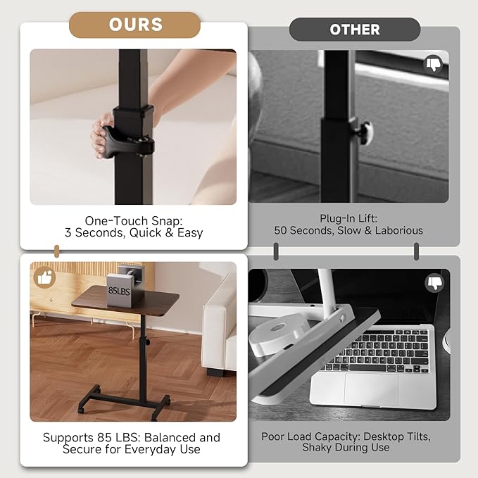 GTPLAYER Small Standing Desk, 24 Inches Mobile Foldable Rolling Laptop PC Table with Lockable Casters, Adjustable Height Overbed Bedside Table Computer Workstation for Home Office, Walnut