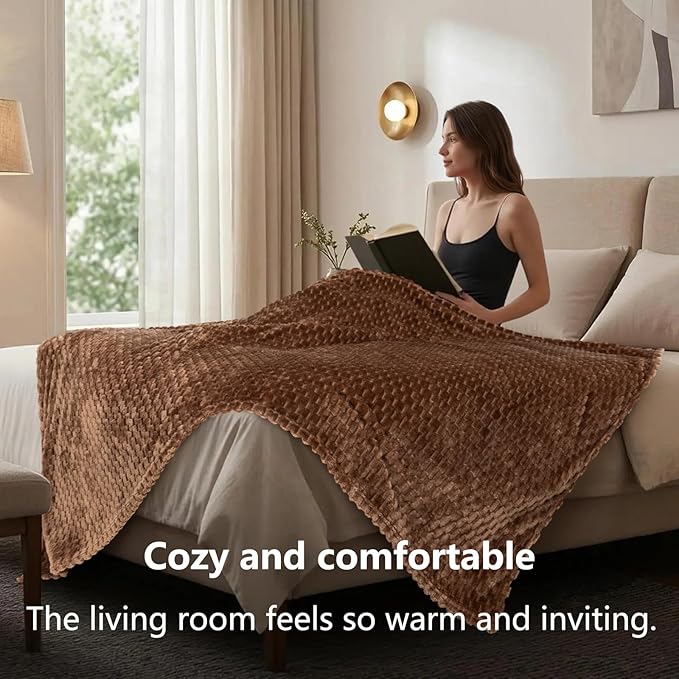 Vessia Flannel Fleece Throw Blanket(50x70 inch), 3D Jacquard Mocha Fuzzy and Warm Blanket for Couch,Sofa,Bed, 300GSM Super Soft Touch Cozy Lightweight Throw for All-Season Home Decor