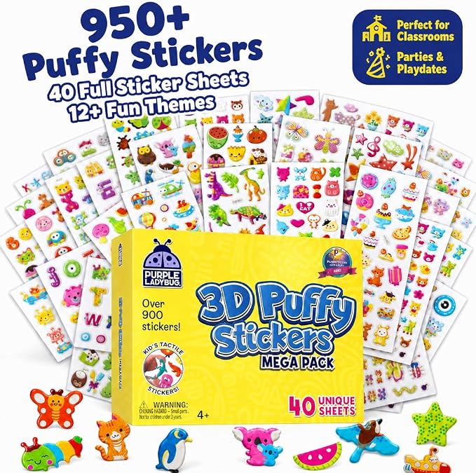 Purple Ladybug 3D Puffy Stickers for Kids - 40 Sheets, 950+ Foam Stickers for Toddler Girls & Boys, Classroom & Teachers Must Haves, Boredom Buster - Back to School Gift for Kindergarten Girls & Boys