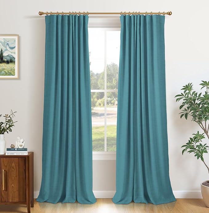 INOVADAY 100% Blackout Curtains for Bedroom, Teal Black Out Curtains 90 Inch Long, Clip Rings Linen Blackout Drapes, Thermal Insulated Room Darkening for Living Room, 2 Panels - W50xL90