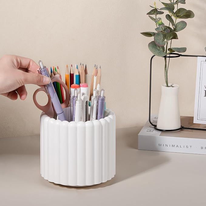 360° Rotating Pen Holder for Desk Removable Pencil Organizer, White | 7 Slots Pen Cup Cute Office Supplies and Accessories Plastic Desktop Storage Box Art Caddy for School, Work, Home