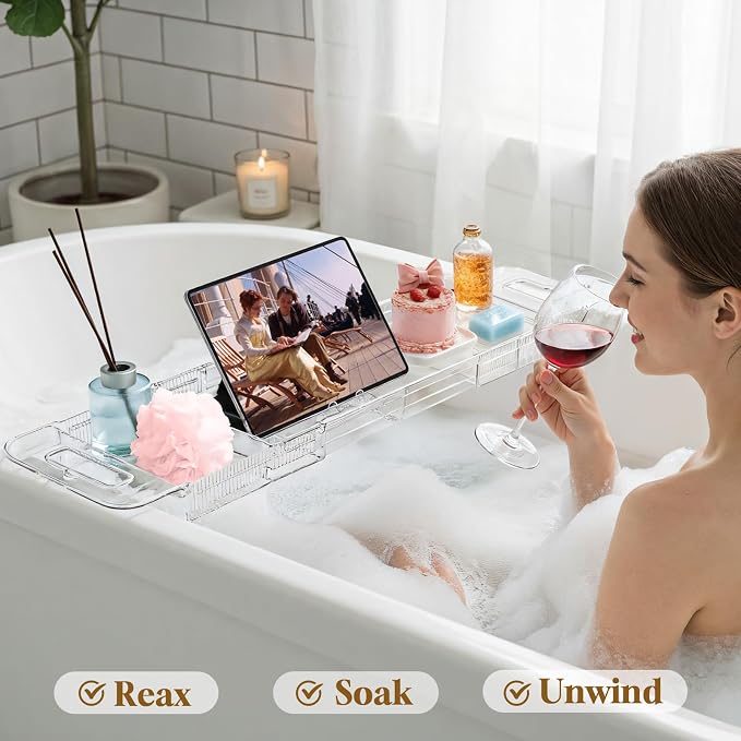 Expandable Clear Acrylic Bathtub Tray Caddy, Foldable Tub Bath Tray with Drain Slots, Slip-Resistant Waterproof Bathroom Shelf Caddy & Home Spa Gift for Women
