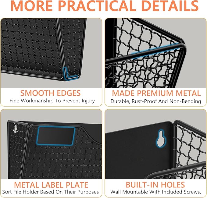 MFTEK Magnetic File Holder, 2 Pockets Magnetic File Folder Holder No Drilling Magnet Paper Mail Organizer Magazine Basket, Hanging Wall Storage Rack for Fridge Cabinets Office Classroom
