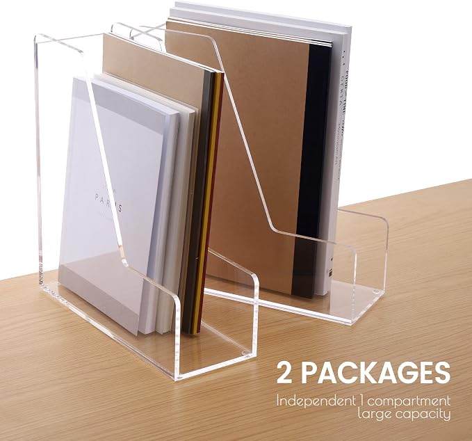 HeZone Magazine Holder, Clear Acrylic Desk Organizers, File Organizer for Desk, Magazine Rack- Desktop Book Storage -Independent Vertical 1 Space-2 Pack