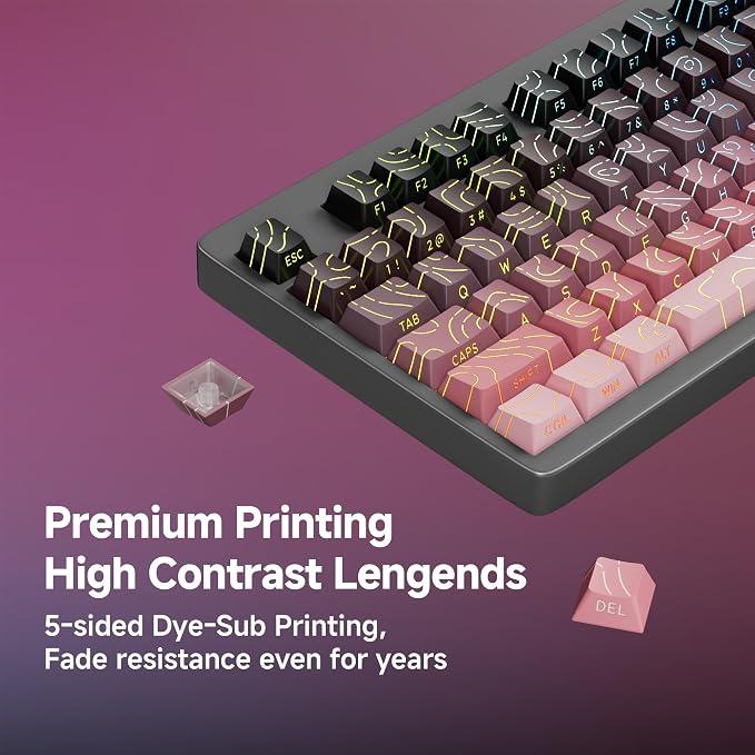 133 Aesthetic Topographic PBT Keycaps, No Tearing, Never Fade & Non-Slip, Modern RGB Backlit Black-to-Pink Gradient Keycaps for Mechanical Keyboard - Ergonomic (Doubleshot, Fit All for MX Layout)