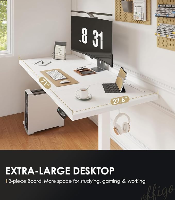 OffiGo 71 Inch Executive Electric Standing Desk Height Adjustable, White | 1.38" Thick 3-Panel Desktop, Power Outlets, 3 Memory Presets, Dual-Beam Frame for Home Office, Workstation, Conference Room