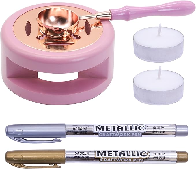 SWANGSA Wax Seal Warmer Kit, Sealing Wax Furnace Tool with 2pcs Wax Seal Pens + Wax Seal Spoon and 2pcs Candles for Sealing Wax Stamp Wedding Invitation Envelope Letter (Pink)