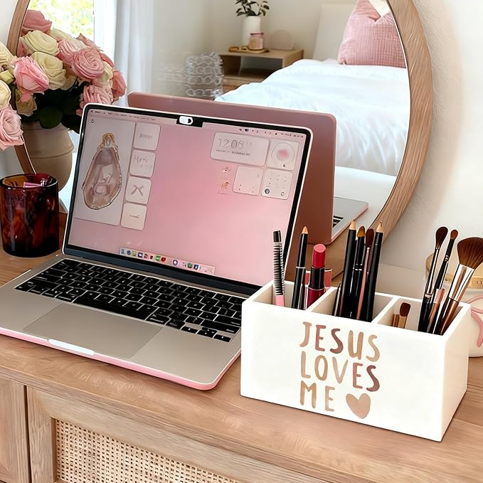 Boho Christian Inspirational Pen Holder, Christian Gifts Pencil Holder for Desk, Jesus Loves Me Bible Verse Wooden Box Sign Decorations for Kids Nursery Room Bedroom Classroom Desk Tabletop