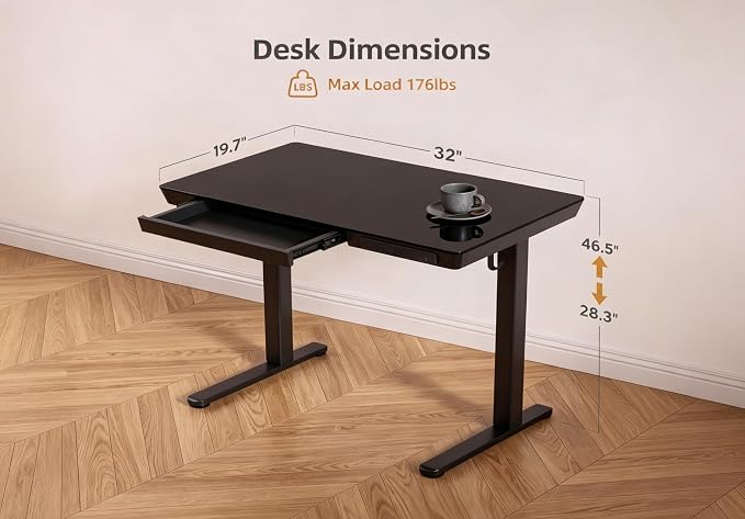 Claiks Small Glass Standing Desk with Drawers & USB Ports 32x19 Black | 3 Steps Quick Install, Buil in Drawer, USB Ports, Ultra White One-Piece Glass Top, Writable Top