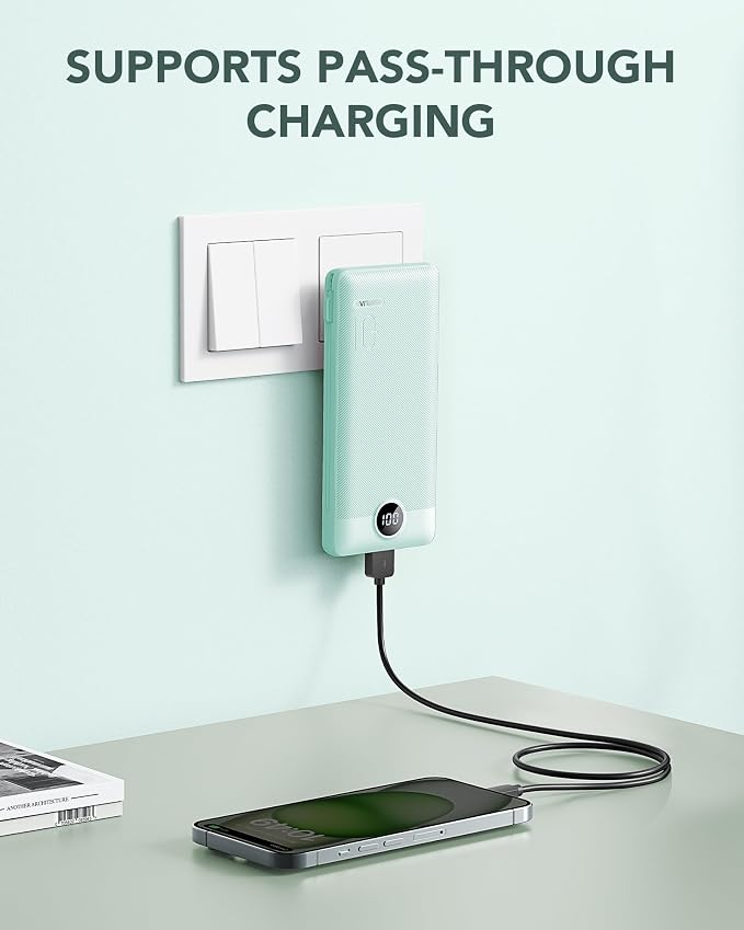 VRURC Portable Charger Built-in Cables and AC Wall Plug, USB C Power Bank 10000mAh, Travel Battery Portable Phone Charger Compact Lightweight External Battery Pack for Smart Phones, Tablets etc-Green