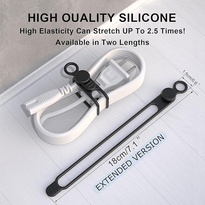 UMUST Silicone Cable Straps, 10pcs Extra-Long Reusable Hanging Organizer for Cables, Kitchen, Home, School (Black & White) | Reusable Cord Ties, Cable Strap Tie for Bundling Electronics Wire,Home Office Travel Essentials Accessories 7.1inch