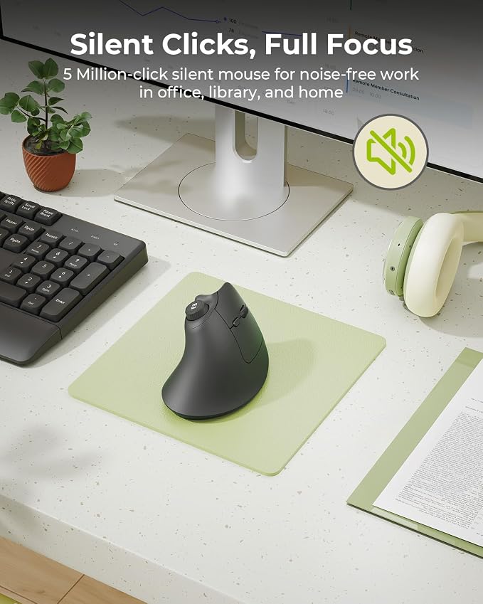 seenda Ergonomic Mouse Wireless, MOU-302 Bluetooth Vertical Mouse Rechargeable, Volume Knob, Silent Mice & 1000/1600/2400 DPI, 3 Multi-Device Connection for Windows/PC/Laptop/Mac/MacBook, Black