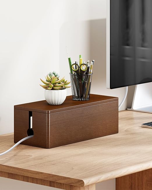 YECAYE Solid Wood Cable Management Box, Walnut Color, 14.2 x 6.1 x 4.1 | Magnetic Closure, For Power Strip & Wire Storage, Cord Organizer, Hide Cords, Home Office Decor,Cable Organizer Box