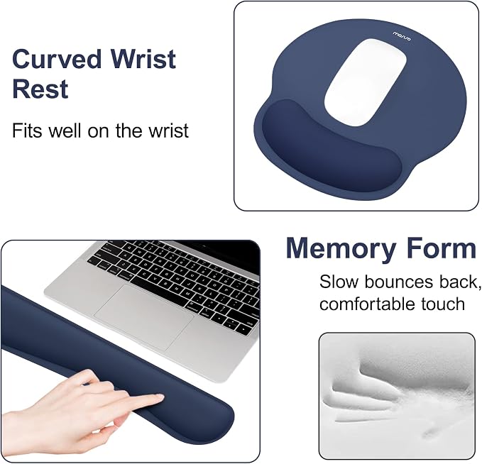 MOSISO Wrist Rest Support for Mouse Pad&Keyboard Set, Streamline Ergonomic Mousepad&Coaster Non-Slip Base Home/Office Pain Relief&Easy Typing Pad with Soft Cloth&Silicone Lining, Navy Blue