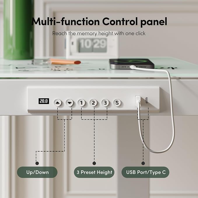 FEZIBO 55 × 24 Electric Standing Desk with Drawers, Whole-Piece Glass Adjustable Height Desk, One-Piece Quick Install Adjustable Sit Stand Desk, White