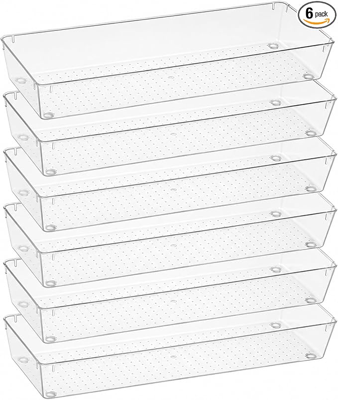 6 Pack Clear Plastic Drawer Organizer Tray 15 x 6 x 2 Inch Large Clear Drawer Organizer Set with Non-Slip Silicone Pads Stackable Drawer-Organizer Traysfor Makeup, Bathroom, Kitchen Utensils, Office,