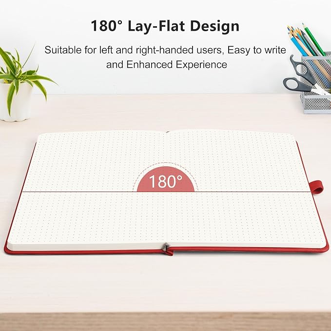 RETTACY Dotted Journal Notebook, 320 Numbered Pages, A5 Medium Size (5.7'' × 8.3''), Leather Hardcover, 100 GSM Thick Paper, for Journaling, Planning, Tracking (Red)
