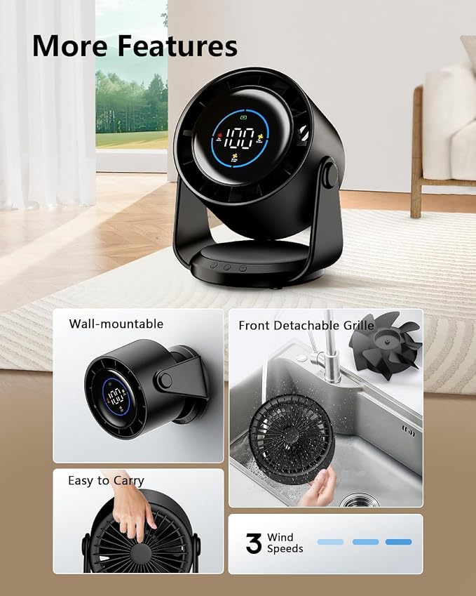 Desk Fans, Portable Turbo Fan Ultra Quiet Table Fan Digital Display Rechargeable USB 105°Tilt 100 Speeds Wall-Mounted Design Portable Fans for Home Office Kitchen Travel Camping