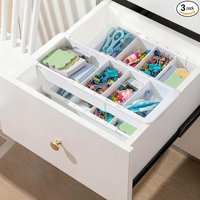 3 Pcs Expandable Drawer Organizer Bins Adjustable Deep Drawer Hanging Organizer Tray Expandable 11.4 to 18.1 Inches Plastic Dividers Storage for Office Bathroom Bedroom Kitchen Desk, White