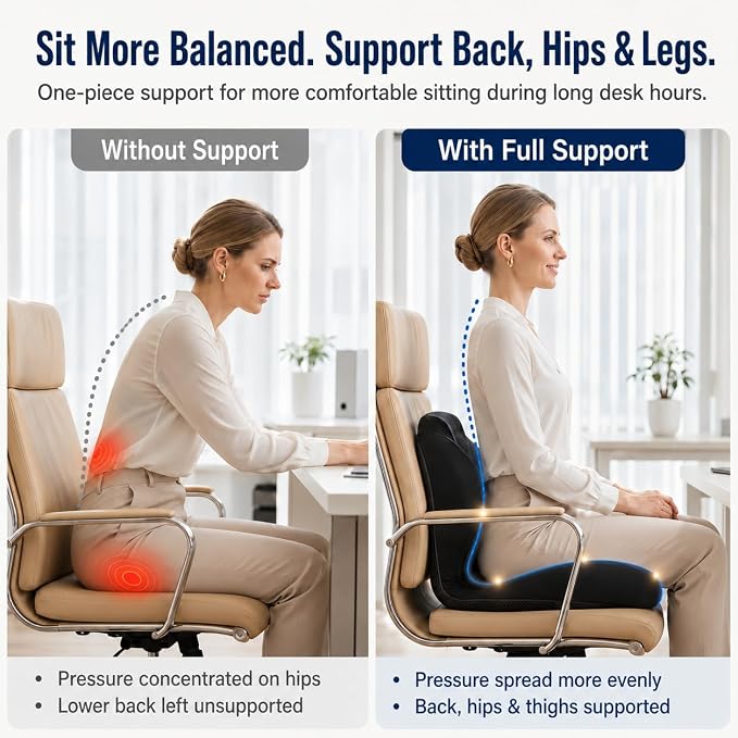 Car Seat Cushion with Lumbar Support, One-Piece L-Shaped Memory Foam | Ergonomic design with coccyx cutout, hip-to-thigh support and anti-slip base for long drives, office chairs and wheelchairs.