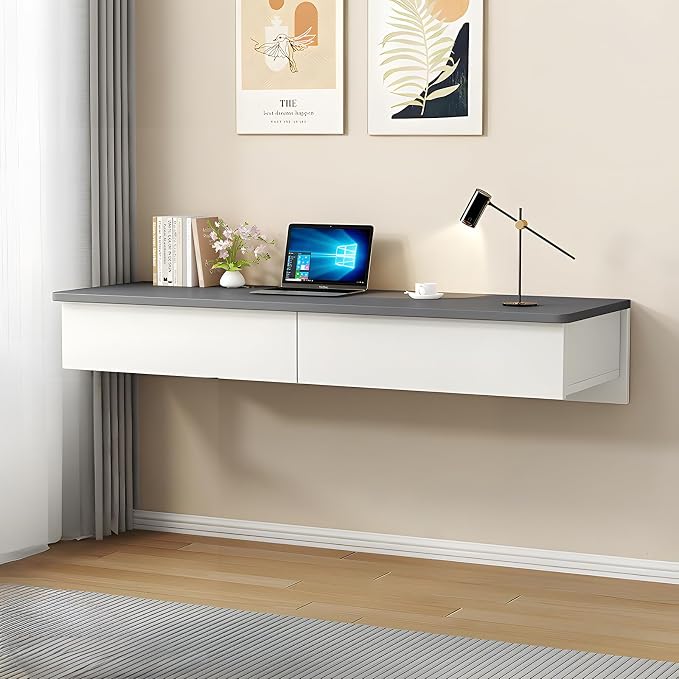 Floating Desk with Drawers, Wood Wall Mounted Desk, Floating Makeup Vanity, Space Saving, Sturdy and Stable, Floating Table for Living Room, Bedroom, Home, Office, White