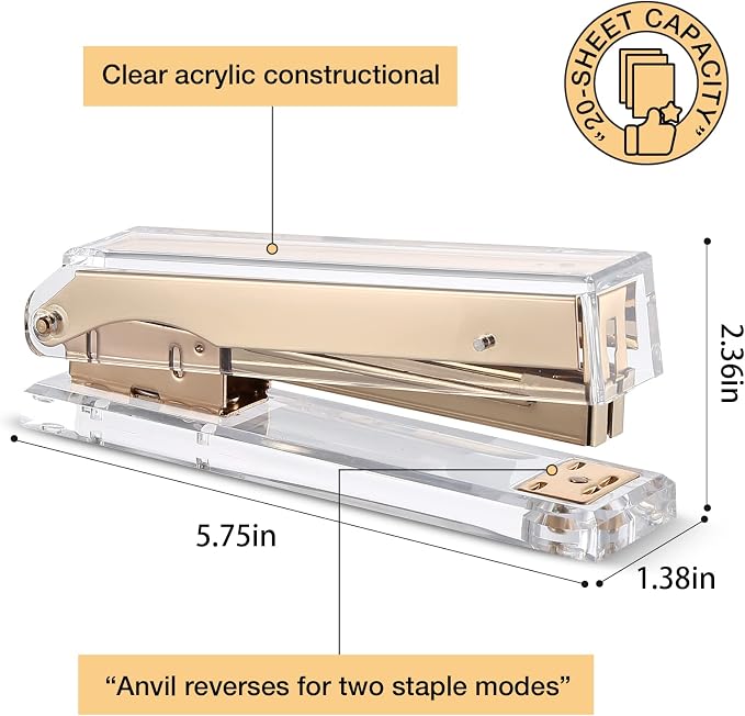 Acrylic Stapler,Clear and Gold-Tone Hardware, Beautiful Desk Accessory for Office Home or School,Takes Standard 24/6 or 26/6 Staples