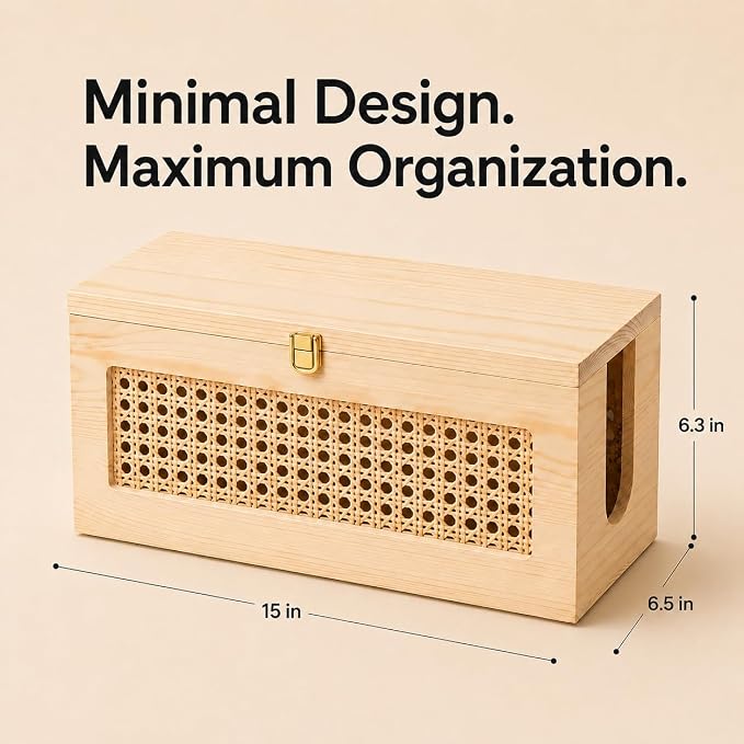 Wood Cable Management Box - 15 x 6.5 x 6.3 in - Power Strip Cord Organizer
