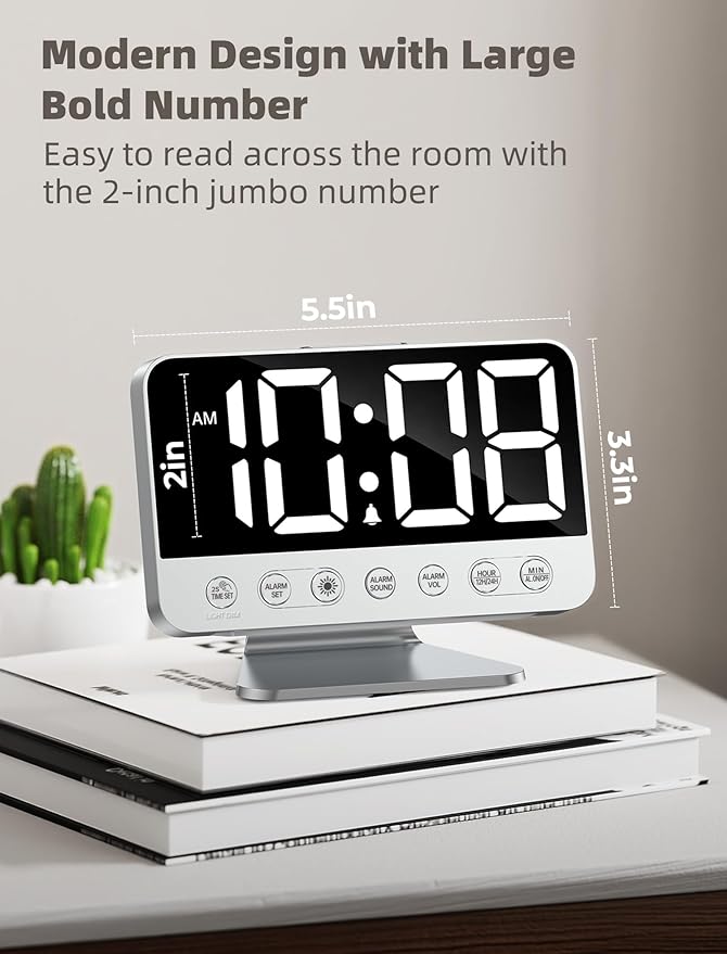 Odokee Digital Alarm Clocks for Bedrooms: Easy to Read Across The Room | Large Bold Number 5 Brightness Dimmer - 8 Night Light 5 Sound - Loud Alarm for Heavy Sleepers with Adjustable Volume - Silver