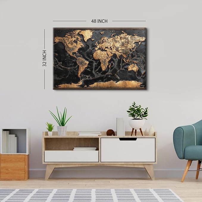Large Canvas Wall Art World Map for Office Wall Decorations Black and Gold Map of The World Picture Prints Abstract Golden Luxury World Maps Painting Poster Artwork Boys Men Bedroom Home Decor 32x48"