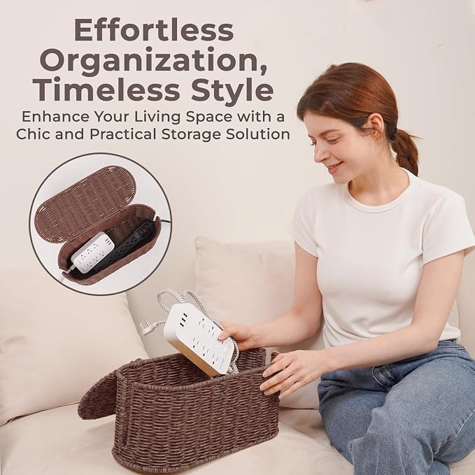Cable Management Box, Handmade Rattan Cable Organizer, 2 Open Slots Cords Hider Box, Under Desk Cord Organizer for Computer Router USB Hub & Power Strip, 15.9" x 6.5" x 6.5", Brown