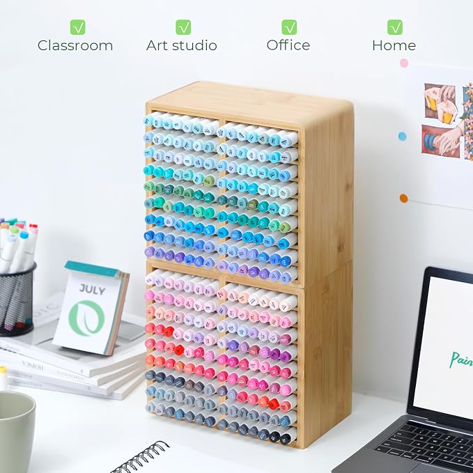 Ohuhu Bamboo Marker Organizer, Wooden Desktop Storage Hold 126 Markers, Pens, Pencils, Art Brushes Stationary Organizer Pencil Holder with 18 Compartments for Home, Classroom, Office Decor