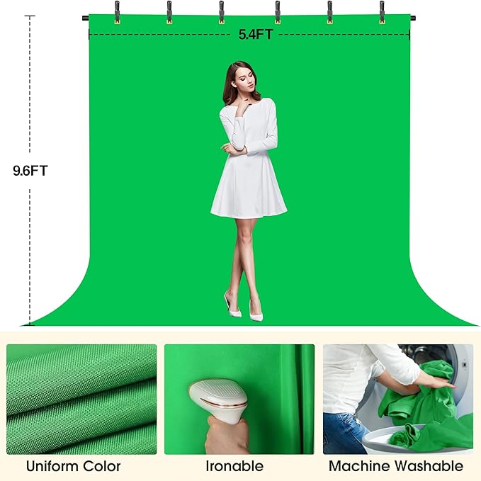 Green Screen Backdrop with Stand, 8x5.3ft Portable Greenscreen Background with Stand, T-Shape Green Screen Stand kit with 6 Spring Clamps, Sandbag, Carry Bag for Zoom, Video