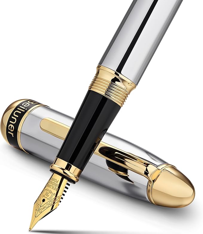 BEILUNER 315 Silver Chrome Fountain Pen,Stunning Luxury Pens with 24K Gold Accents, Gorgeous 24K Gilded Nib(Medium), Ink Converter,Fancy Pen Gift for Men&Women-Elegant, Office, Reliable, Nice Design
